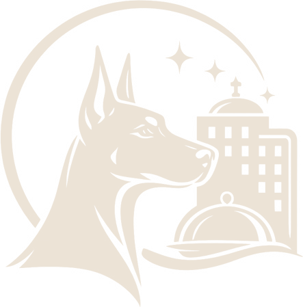 Dober Stays logo: a Doberman beside a hotel tower